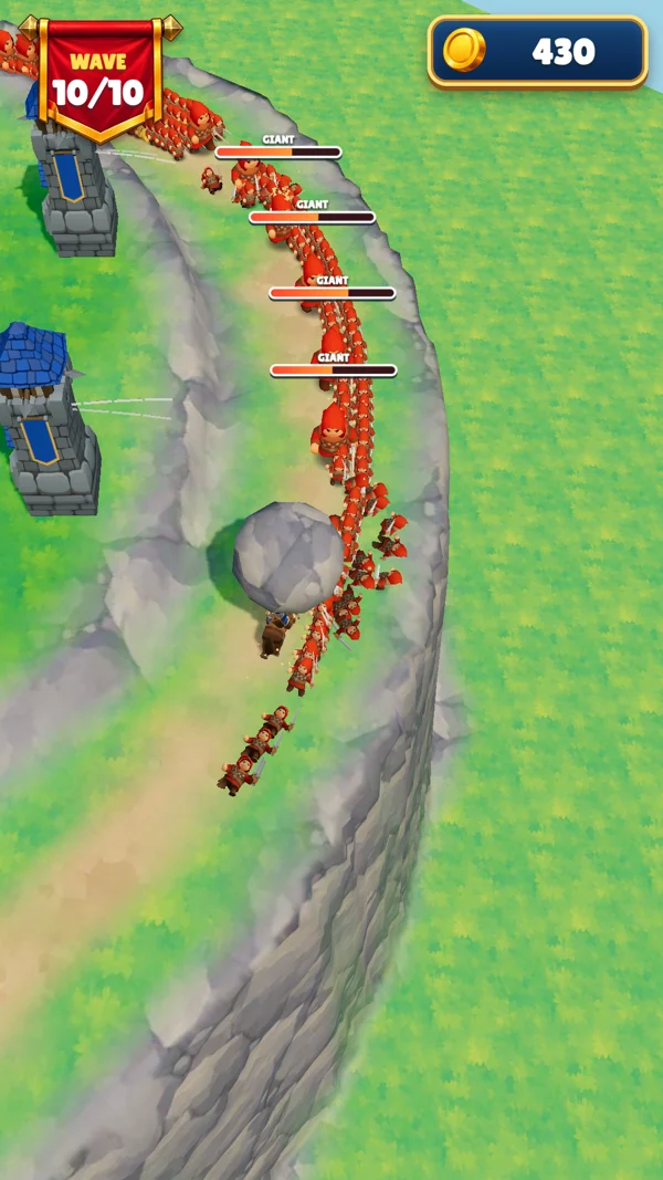 Actual gameplay: the King and his towers face a massive enemy horde